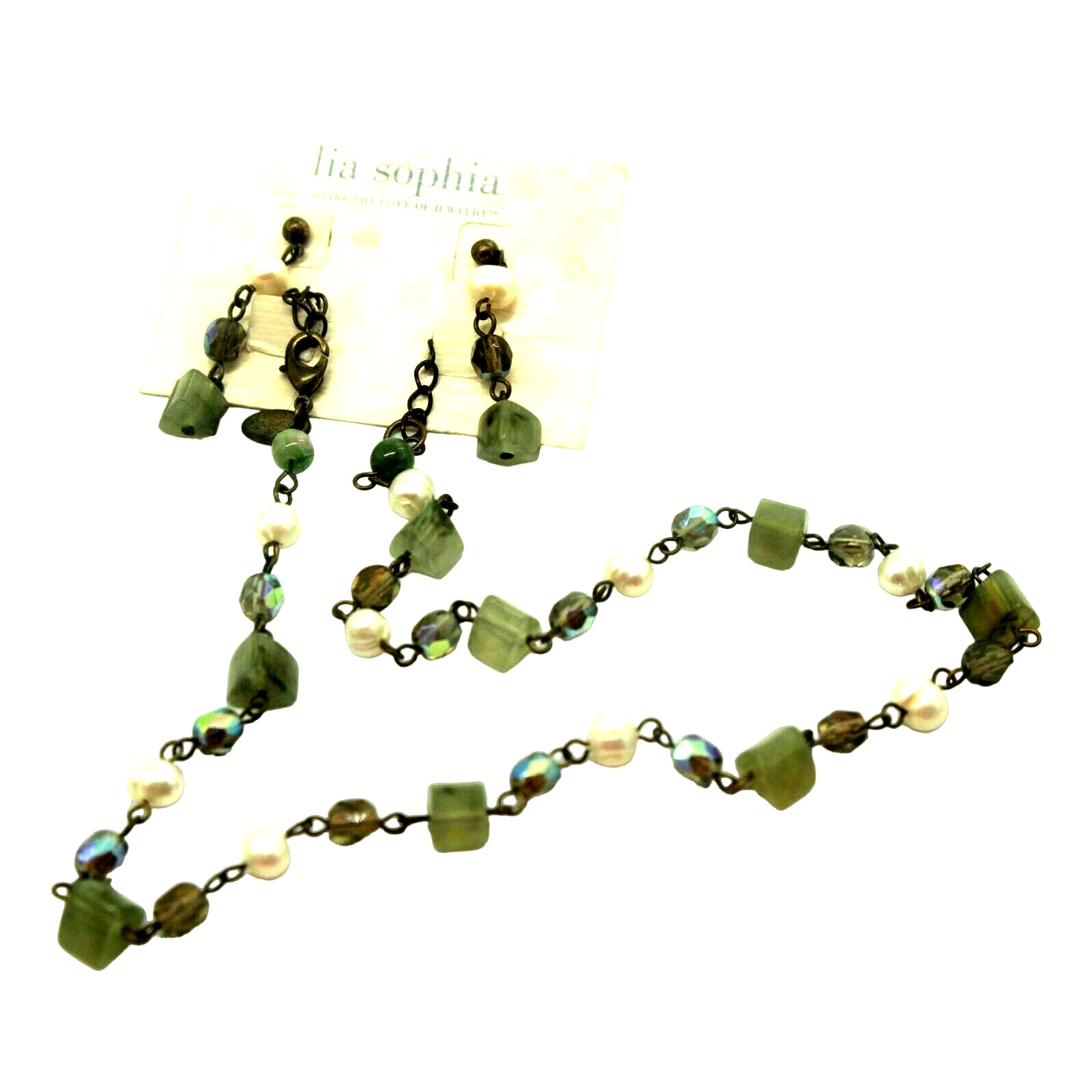 Lia Sophia Fresh Water Pearl & Moss Agate Necklace & Earrings 16" W/ 3" Extender
